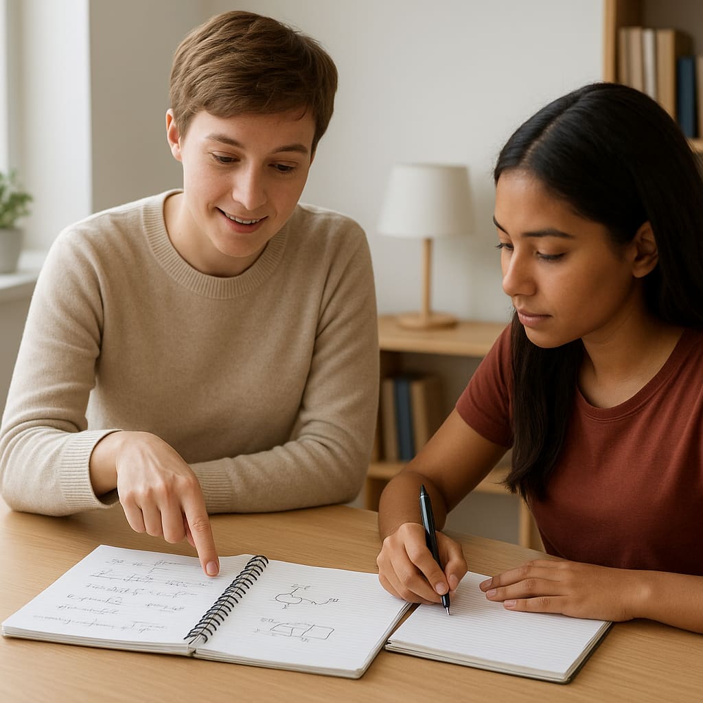 Tutor zeigt auf Notizen, Schüler macht Mitschriften